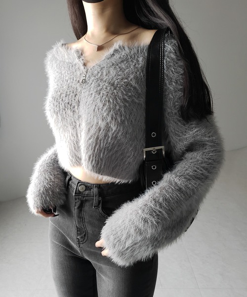 me+em select(ミームセレクト)の「【 3color 】フロントジップショートシャギーニットカーディガン / front zip short shaggy knit cardigan(カーディガン/ボレロ・レディース・ホワイト/ブラック/グレー・FREE)」の5枚目の写真
