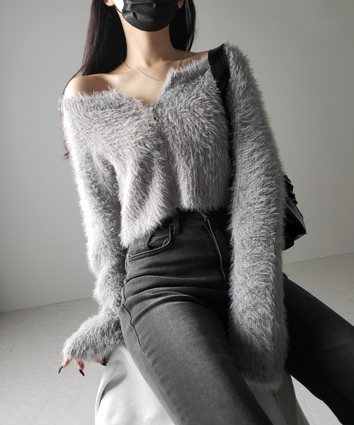 me+em select(ミームセレクト)の「【 3color 】フロントジップショートシャギーニットカーディガン / front zip short shaggy knit cardigan(カーディガン/ボレロ・レディース・ホワイト/ブラック/グレー・FREE)」の9枚目の写真