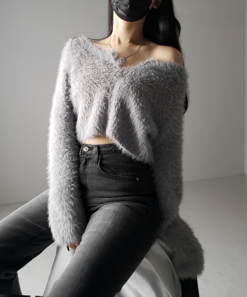 me+em select(ミームセレクト)の「【 3color 】フロントジップショートシャギーニットカーディガン / front zip short shaggy knit cardigan(カーディガン/ボレロ・レディース・ホワイト/ブラック/グレー・FREE)」の10枚目の写真