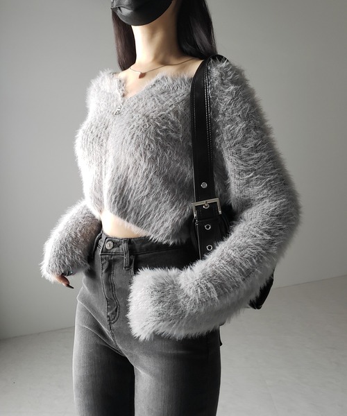 me+em select(ミームセレクト)の「【 3color 】フロントジップショートシャギーニットカーディガン / front zip short shaggy knit cardigan(カーディガン/ボレロ・レディース・ホワイト/ブラック/グレー・FREE)」の11枚目の写真