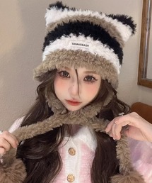 shopnikoniko(ショップニコニコ)のニット帽 ネコ 帽子 耳付き ポンポン シャギー ボーダー 耳 ビーニー ファー ニットキャップ(ニットキャップ/ビーニー)