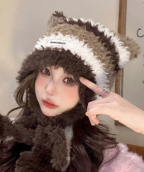 shopnikoniko(ショップニコニコ)の「ニット帽 ネコ 帽子 耳付き ポンポン シャギー ボーダー 耳 ビーニー ファー ニットキャップ バラボネット(ニットキャップ/ビーニー・レディース・ピンク/ブラック/ベージュ/ブラウン・フリー)」の3枚目の写真