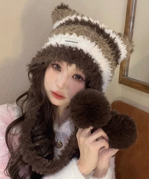 TAO コムデギャルソン ファーボンボンニット帽 ビーニー　黒 耳当て セール】ニット帽 ポンポン付き シャギー ボーダー 耳 ビーニー