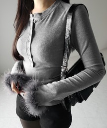 【 3color 】裏起毛ファースリーブヘンリーネックリブトップス / fur sleeve henley neck lib tops