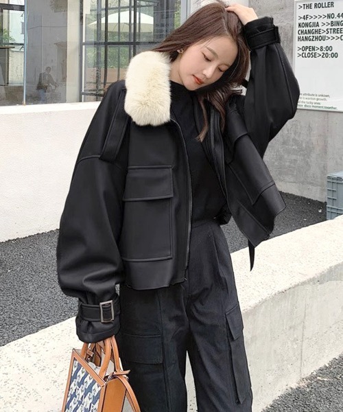 Miniministore(ミニミニストア)の「ファーライダースジャケットフェイクレザー(その他アウター・レディース・ブラック/ベージュ・L/S/M)」の5枚目の写真