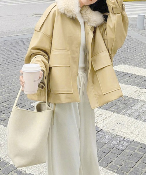 Miniministore(ミニミニストア)の「ファーライダースジャケットフェイクレザー(その他アウター・レディース・ブラック/ベージュ・L/S/M)」の7枚目の写真