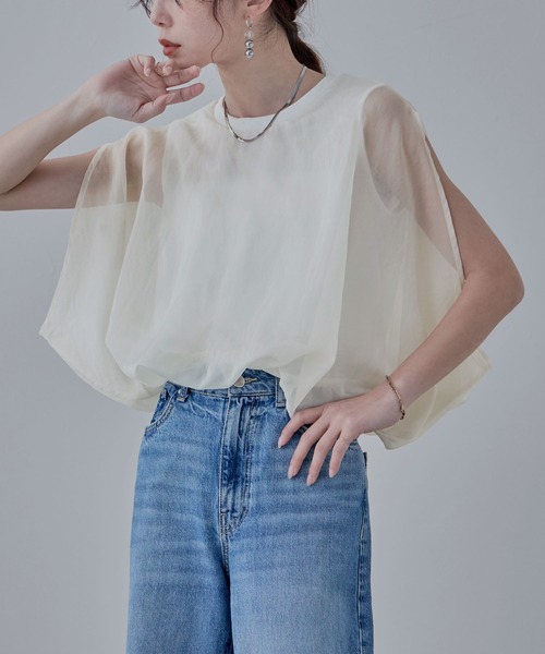 etoll.（エトル）の「オーガンジーレイヤード風バルーンブラウス（Tシャツ/カットソー・レディース・ブラック/モカ/グレー/オフホワイト・M）」の2枚目の写真