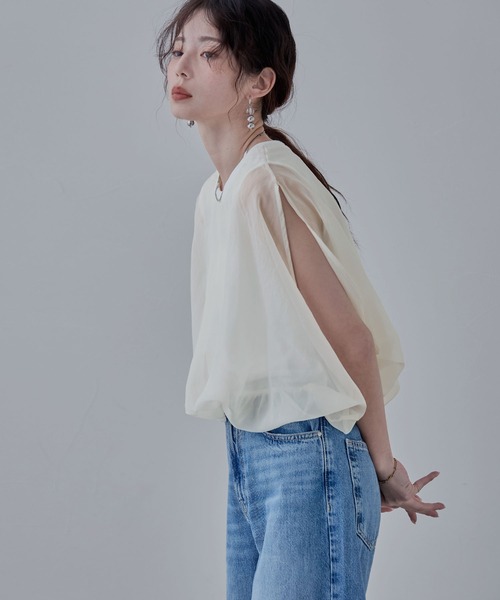 オーガンジーレイヤード風バルーンブラウス（Tシャツ/カットソー