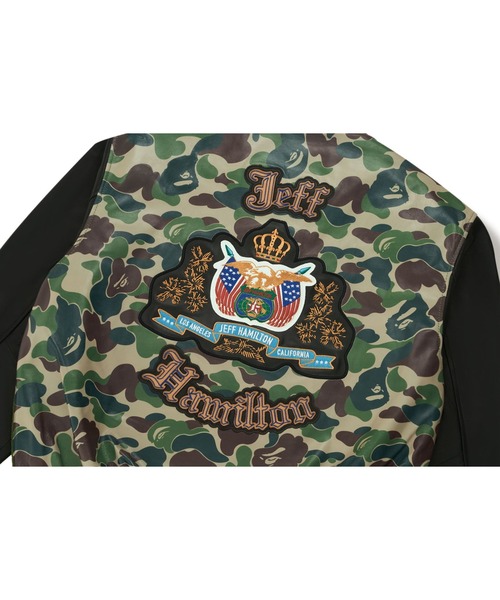 A BATHING APE（アベイシングエイプ）の「BAPEXJEFF HAMILTON ABC CAMO MULTI LOGO WOOL AND LEATHER JACKET（ミリタリージャケット・メンズ・オリーブ・X-LARGE/MEDIUM/LARGE）」の2枚目の写真