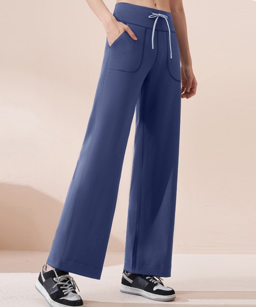 レディース フィットネスハイウエストリボンヨガワイドパンツ