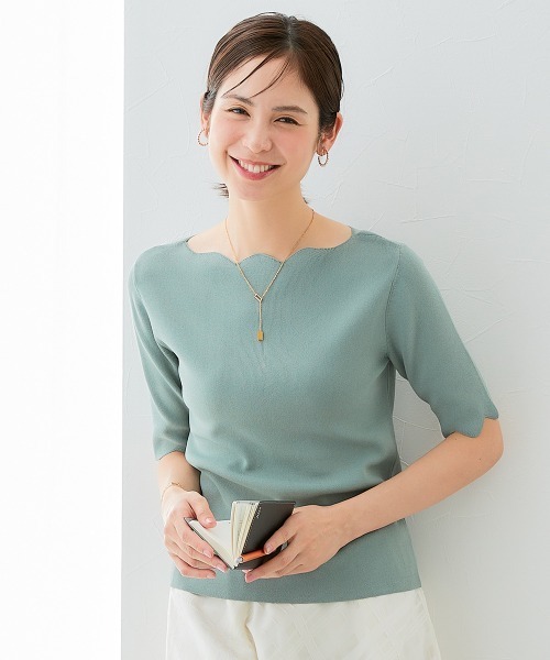 7days Life Styling（セブンデイズライフスタイリング）の「【接触冷感/UVカット】スカラップ5分袖ニット（ニット/セーター・レディース・ブルーグレー/ブラック/ベージュ/グリーン・S/M/L/LL）」の4枚目の写真