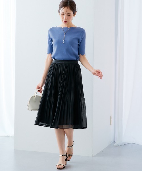 7days Life Styling（セブンデイズライフスタイリング）の「【接触冷感/UVカット】スカラップ5分袖ニット（ニット/セーター・レディース・ブルーグレー/ブラック/ベージュ/グリーン・S/M/L/LL）」の7枚目の写真