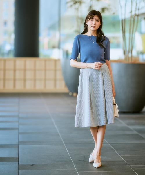 7days Life Styling（セブンデイズライフスタイリング）の「【接触冷感/UVカット】スカラップ5分袖ニット（ニット/セーター・レディース・ブルーグレー/ブラック/ベージュ/グリーン・S/M/L/LL）」の9枚目の写真