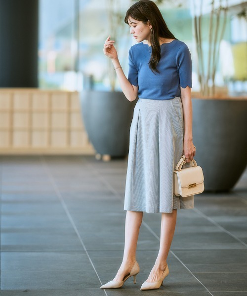 7days Life Styling（セブンデイズライフスタイリング）の「【接触冷感/UVカット】スカラップ5分袖ニット（ニット/セーター・レディース・ブルーグレー/ブラック/ベージュ/グリーン・S/M/L/LL）」の11枚目の写真