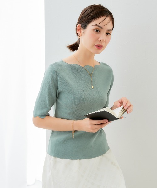 7days Life Styling（セブンデイズライフスタイリング）の「【接触冷感/UVカット】スカラップ5分袖ニット（ニット/セーター・レディース・ブルーグレー/ブラック/ベージュ/グリーン・S/M/L/LL）」の15枚目の写真