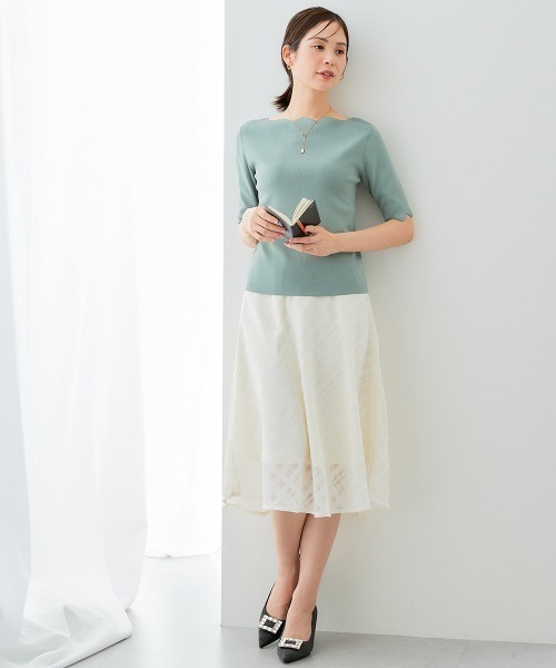 7days Life Styling（セブンデイズライフスタイリング）の「【接触冷感/UVカット】スカラップ5分袖ニット（ニット/セーター・レディース・ブルーグレー/ブラック/ベージュ/グリーン・S/M/L/LL）」の16枚目の写真