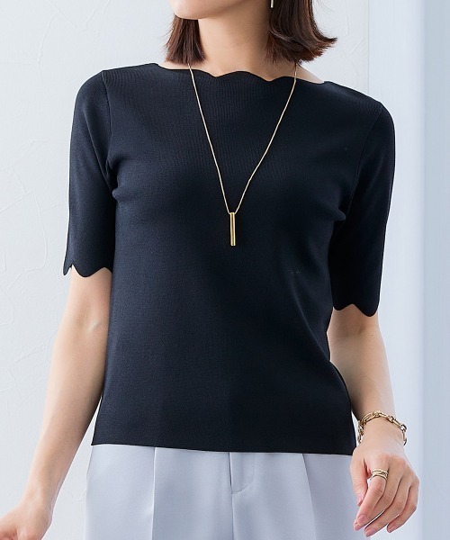 7days Life Styling（セブンデイズライフスタイリング）の「【接触冷感/UVカット】スカラップ5分袖ニット（ニット/セーター・レディース・ブルーグレー/ブラック/ベージュ/グリーン・S/M/L/LL）」の17枚目の写真