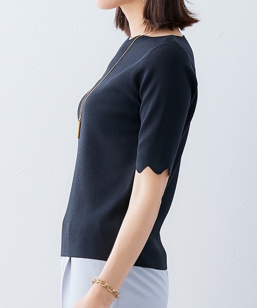 7days Life Styling（セブンデイズライフスタイリング）の「【接触冷感/UVカット】スカラップ5分袖ニット（ニット/セーター・レディース・ブルーグレー/ブラック/ベージュ/グリーン・S/M/L/LL）」の18枚目の写真