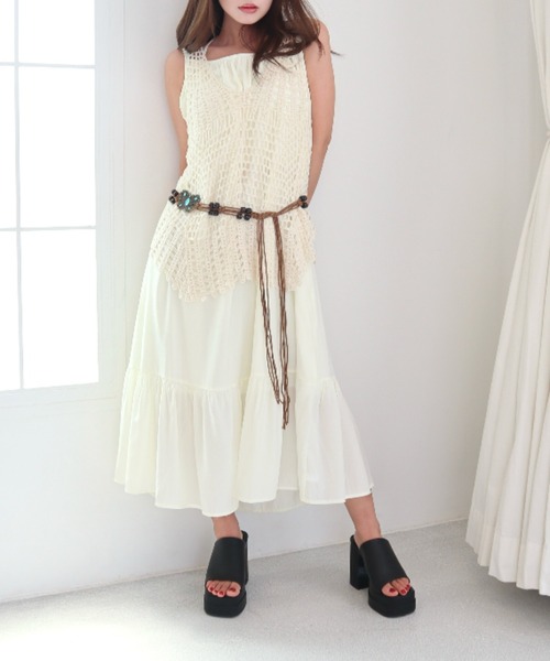 CECIL McBEE（セシルマクビー）の「かぎ針編みニットタンクトップ＆裾フレアワンピSET（ワンピース・レディース・オフホワイト・FREE）」の6枚目の写真