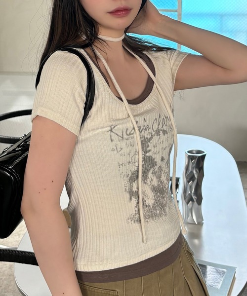 VQ（ブイキュー）の「Ribbed layered short sleeve T-shirt / リブ編み レイヤード 半袖Tシャツ / ざっくりリブ編みとスラブ糸のミックス感が◎（Tシャツ/カットソー・レディース・ダークグレー/ホワイト/ブラック・FREE）」の19枚目の写真