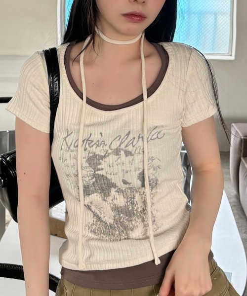 VQ（ブイキュー）の「Ribbed layered short sleeve T-shirt / リブ編み レイヤード 半袖Tシャツ / ざっくりリブ編みとスラブ糸のミックス感が◎（Tシャツ/カットソー・レディース・ダークグレー/ホワイト/ブラック・FREE）」の20枚目の写真