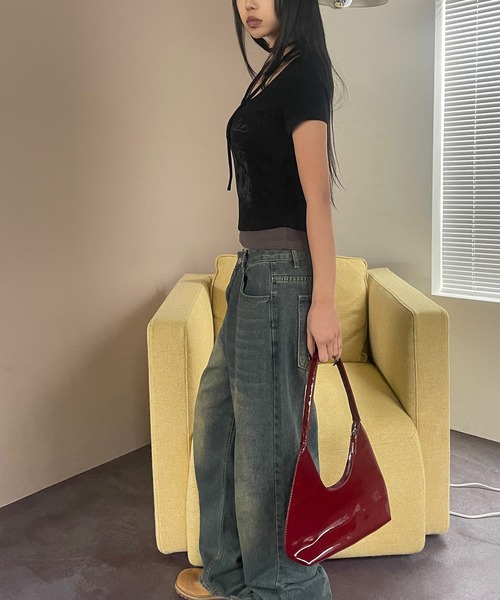 VQ（ブイキュー）の「Ribbed layered short sleeve T-shirt / リブ編み レイヤード 半袖Tシャツ / ざっくりリブ編みとスラブ糸のミックス感が◎（Tシャツ/カットソー・レディース・ダークグレー/ホワイト/ブラック・FREE）」の15枚目の写真