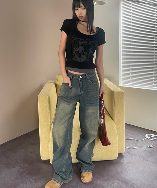 VQ（ブイキュー）の「Ribbed layered short sleeve T-shirt / リブ編み レイヤード 半袖Tシャツ / ざっくりリブ編みとスラブ糸のミックス感が◎（Tシャツ/カットソー・レディース・ダークグレー/ホワイト/ブラック・FREE）」の14枚目の写真