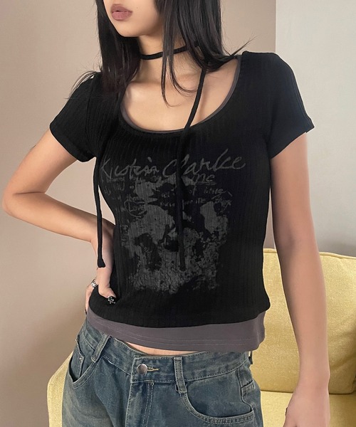 VQ（ブイキュー）の「Ribbed layered short sleeve T-shirt / リブ編み レイヤード 半袖Tシャツ / ざっくりリブ編みとスラブ糸のミックス感が◎（Tシャツ/カットソー・レディース・ダークグレー/ホワイト/ブラック・FREE）」の5枚目の写真