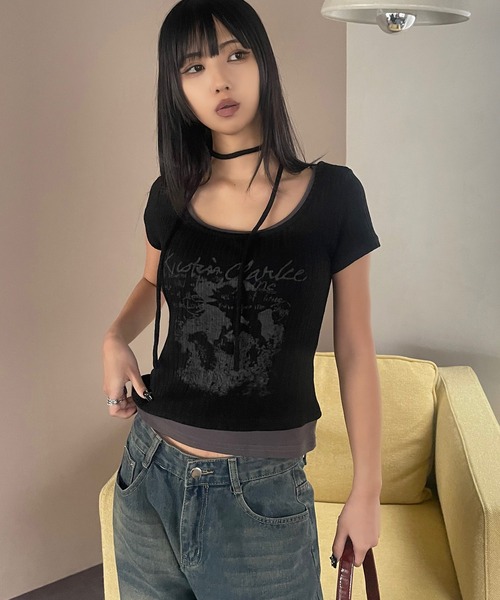 VQ（ブイキュー）の「Ribbed layered short sleeve T-shirt / リブ編み レイヤード 半袖Tシャツ / ざっくりリブ編みとスラブ糸のミックス感が◎（Tシャツ/カットソー・レディース・ダークグレー/ホワイト/ブラック・FREE）」の12枚目の写真