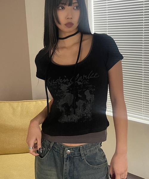 VQ（ブイキュー）の「Ribbed layered short sleeve T-shirt / リブ編み レイヤード 半袖Tシャツ / ざっくりリブ編みとスラブ糸のミックス感が◎（Tシャツ/カットソー・レディース・ダークグレー/ホワイト/ブラック・FREE）」の7枚目の写真