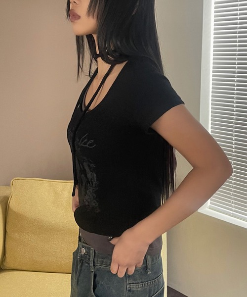 VQ（ブイキュー）の「Ribbed layered short sleeve T-shirt / リブ編み レイヤード 半袖Tシャツ / ざっくりリブ編みとスラブ糸のミックス感が◎（Tシャツ/カットソー・レディース・ダークグレー/ホワイト/ブラック・FREE）」の9枚目の写真