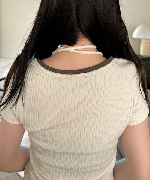 VQ（ブイキュー）の「Ribbed layered short sleeve T-shirt / リブ編み レイヤード 半袖Tシャツ / ざっくりリブ編みとスラブ糸のミックス感が◎（Tシャツ/カットソー・レディース・ダークグレー/ホワイト/ブラック・FREE）」の22枚目の写真