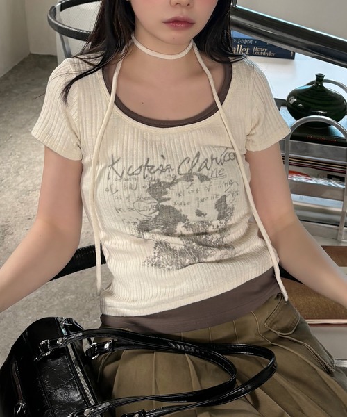 VQ（ブイキュー）の「Ribbed layered short sleeve T-shirt / リブ編み レイヤード 半袖Tシャツ / ざっくりリブ編みとスラブ糸のミックス感が◎（Tシャツ/カットソー・レディース・ダークグレー/ホワイト/ブラック・FREE）」の17枚目の写真