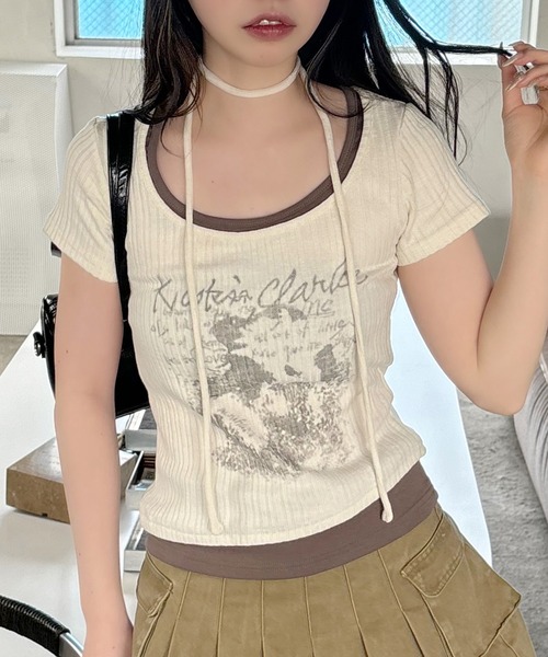 VQ（ブイキュー）の「Ribbed layered short sleeve T-shirt / リブ編み レイヤード 半袖Tシャツ / ざっくりリブ編みとスラブ糸のミックス感が◎（Tシャツ/カットソー・レディース・ダークグレー/ホワイト/ブラック・FREE）」の18枚目の写真