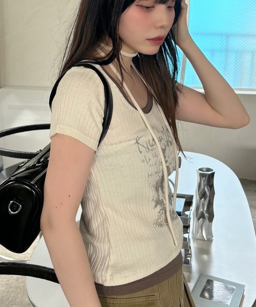 VQ（ブイキュー）の「Ribbed layered short sleeve T-shirt / リブ編み レイヤード 半袖Tシャツ / ざっくりリブ編みとスラブ糸のミックス感が◎（Tシャツ/カットソー・レディース・ダークグレー/ホワイト/ブラック・FREE）」の21枚目の写真