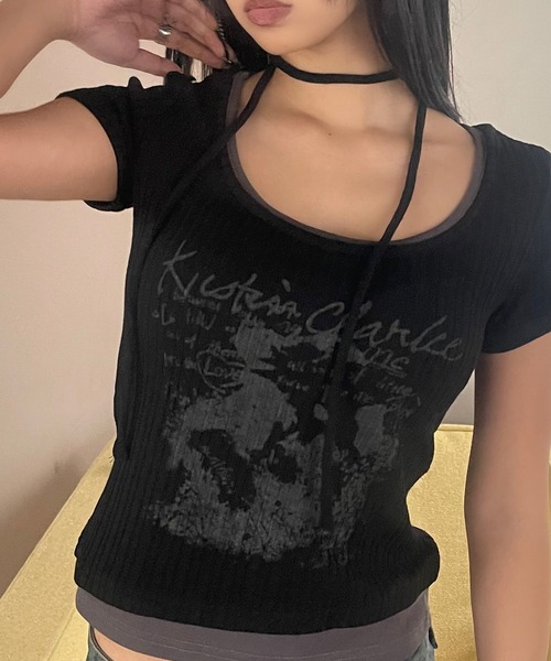 VQ（ブイキュー）の「Ribbed layered short sleeve T-shirt / リブ編み レイヤード 半袖Tシャツ / ざっくりリブ編みとスラブ糸のミックス感が◎（Tシャツ/カットソー・レディース・ダークグレー/ホワイト/ブラック・FREE）」の4枚目の写真