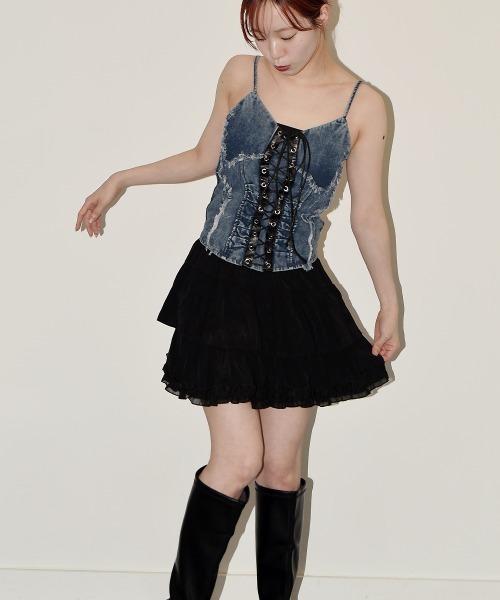 VIVID LADY(ビビッドレディー)の「レースアップ デニム ビスチェ/Lace-Up Denim Bische(タンクトップ・レディース・ブラック/ブルー・FREE)」の4枚目の写真
