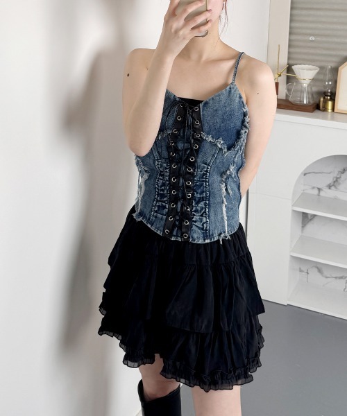 ピヌエ デニムビスチェ タンクトップ セット セール】レースアップ デニム ビスチェ/Lace-Up Denim Bische