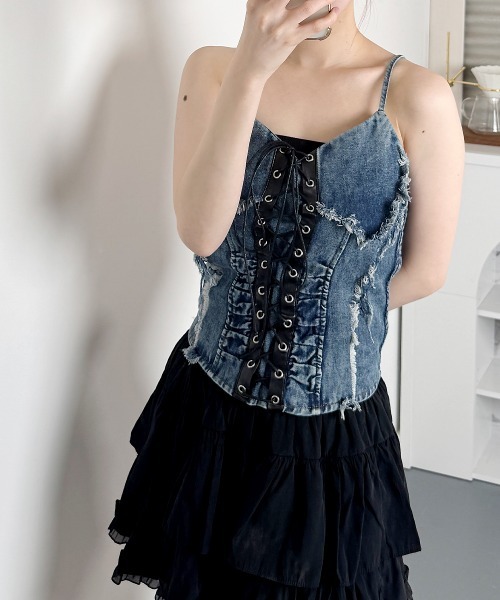 VIVID LADY(ビビッドレディー)の「レースアップ デニム ビスチェ/Lace-Up Denim Bische(タンクトップ・レディース・ブラック/ブルー・FREE)」の11枚目の写真