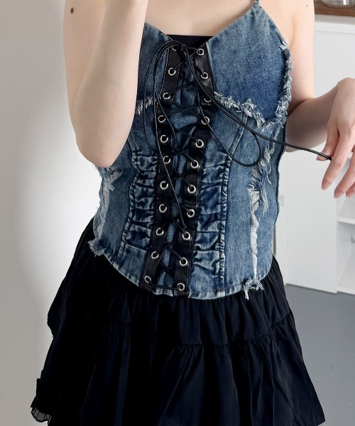 VIVID LADY(ビビッドレディー)の「レースアップ デニム ビスチェ/Lace-Up Denim Bische(タンクトップ・レディース・ブラック/ブルー・FREE)」の16枚目の写真