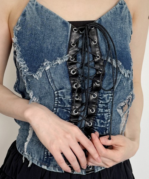 VIVID LADY(ビビッドレディー)の「レースアップ デニム ビスチェ/Lace-Up Denim Bische(タンクトップ・レディース・ブラック/ブルー・FREE)」の18枚目の写真