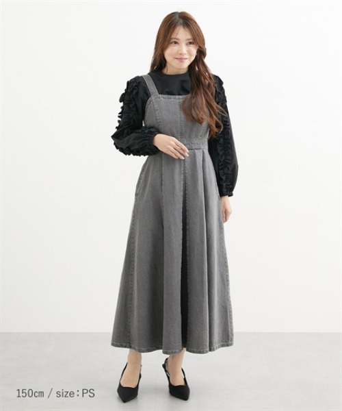 セール】小さいサイズ 綿100％配色ステッチデニムワンピース 低