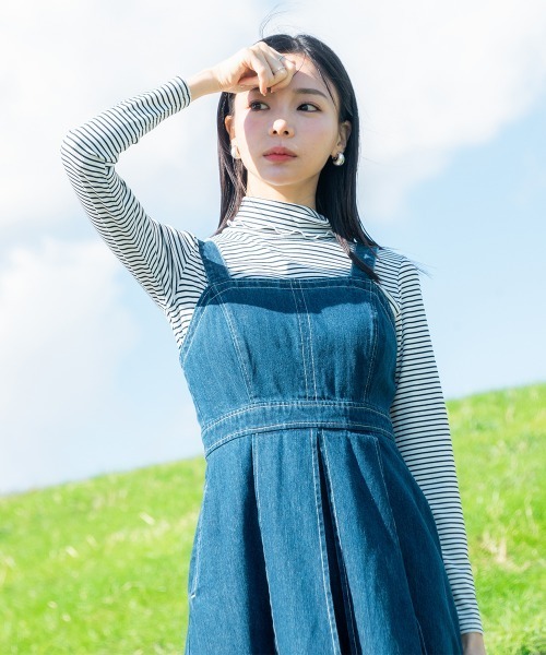 セール】小さいサイズ 綿100％配色ステッチデニムワンピース 低