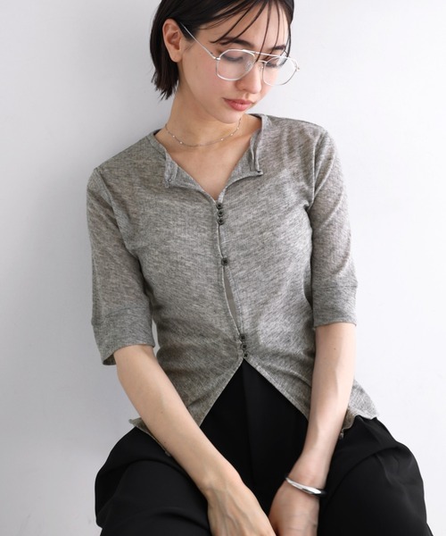 andme(アンドミー)の「テレコリブシアー半袖トップス(Tシャツ/カットソー・レディース・杢グレー/オフホワイト/レッド/ブラック・FREE)」の3枚目の写真
