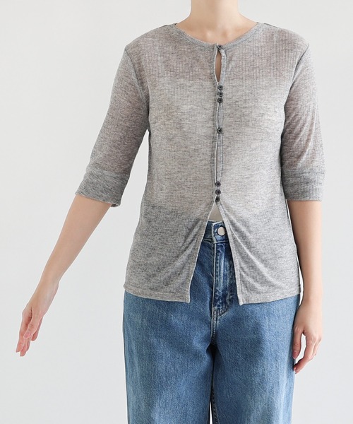 andme(アンドミー)の「テレコリブシアー半袖トップス(Tシャツ/カットソー・レディース・杢グレー/オフホワイト/レッド/ブラック・FREE)」の5枚目の写真