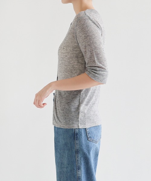 andme(アンドミー)の「テレコリブシアー半袖トップス(Tシャツ/カットソー・レディース・杢グレー/オフホワイト/レッド/ブラック・FREE)」の6枚目の写真