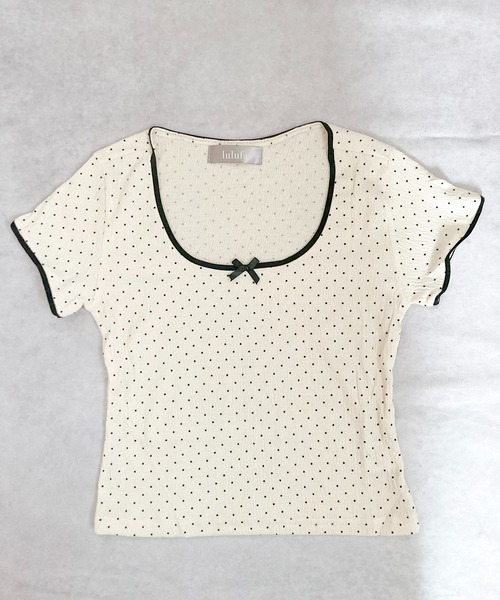 VIBGYOR(ヴィブジョー)の「リボン付き ドット 配色パイピング Tシャツ/韓国ガーリースタイル(CZ)(Tシャツ/カットソー・レディース・グレー/アイボリー・MEDIUM/LARGE)」の13枚目の写真