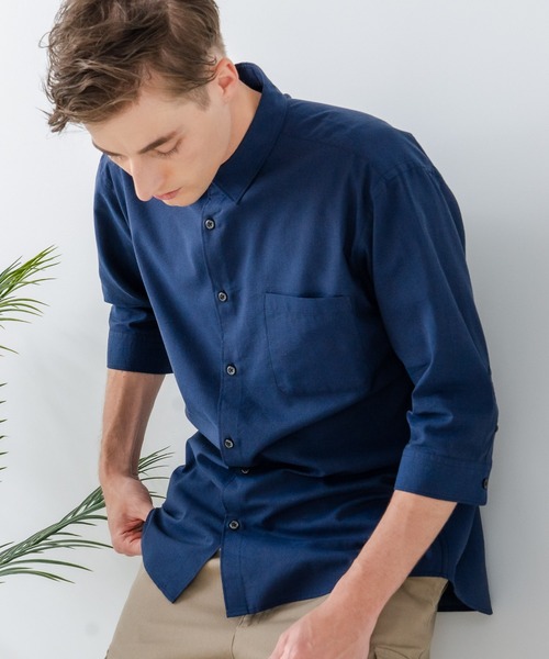 Blue Standard （ブルースタンダード）の「【Blue Standard:ブルースタンダード】フレンチリネンミックス 7分袖シャツ 吸水速乾 麻混（シャツ/ブラウス・メンズ・ホワイト/ブルー/ネイビー/ブラック・X-LARGE/LARGE/MEDIUM）」の3枚目の写真