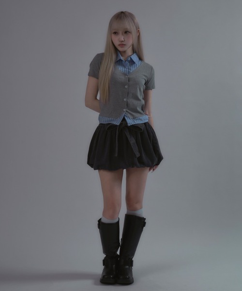 新品リテンLiten balloon skirt バルーンスカートネイビー1 L's】BALLOON SKIRT LINEN LIKE CHECK/バルーンスカート リネン