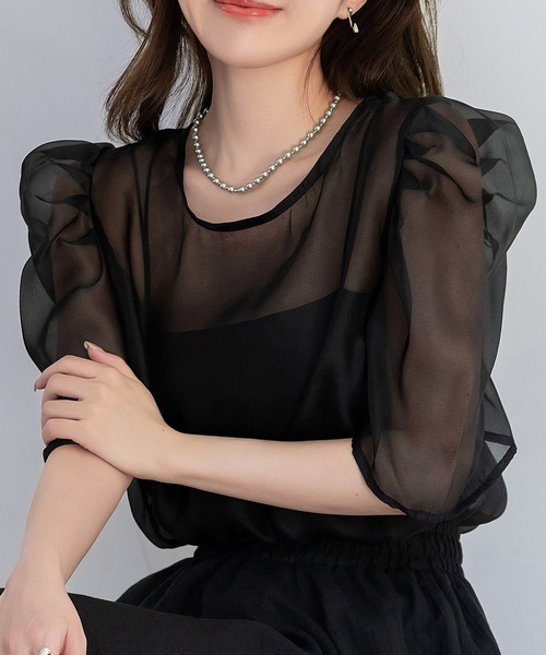 DAY CLOSET(デイ クローゼット)の「レディース 上品に肌を隠す。半袖シアーボリュームパワショルブラウス(シャツ/ブラウス・レディース・ホワイト系その他/ブラック系その他/ブラック/ホワイト・FREE)」の8枚目の写真